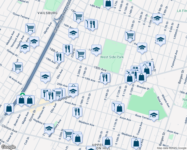 map of restaurants, bars, coffee shops, grocery stores, and more near 685 South 17th Street in Newark
