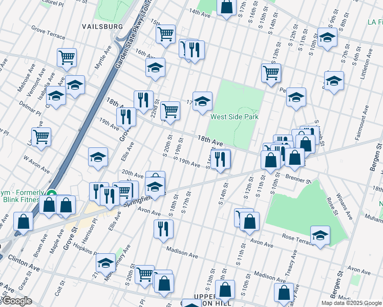 map of restaurants, bars, coffee shops, grocery stores, and more near 685 South 17th Street in Newark