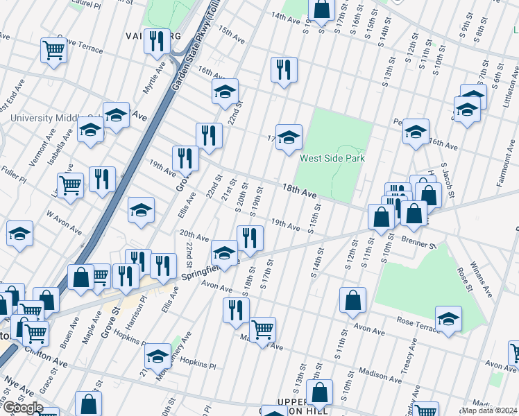 map of restaurants, bars, coffee shops, grocery stores, and more near 699 South 19th Street in Newark