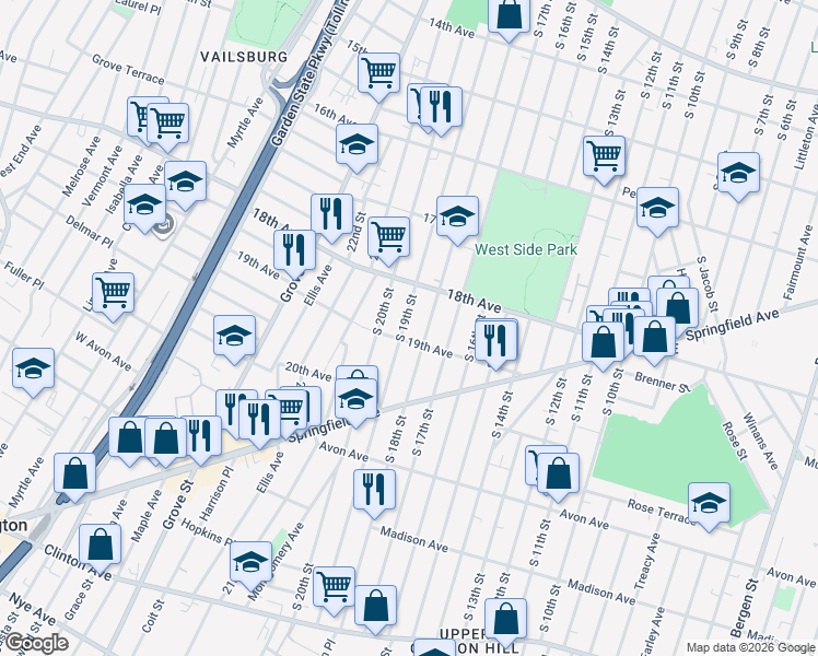 map of restaurants, bars, coffee shops, grocery stores, and more near 699 South 19th Street in Newark
