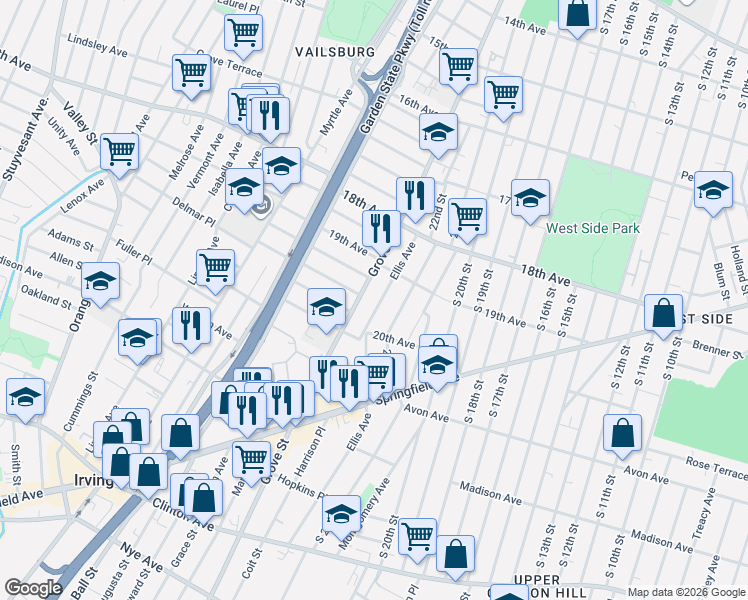 map of restaurants, bars, coffee shops, grocery stores, and more near 257 Ellis Avenue in Irvington