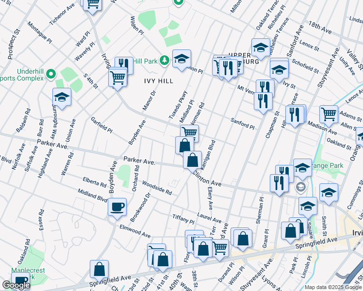 map of restaurants, bars, coffee shops, grocery stores, and more near 77 Hillcrest Road in Maplewood