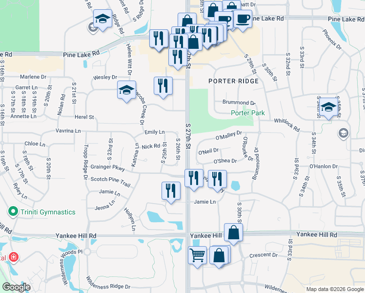 map of restaurants, bars, coffee shops, grocery stores, and more near 7730 South 26th Street in Lincoln