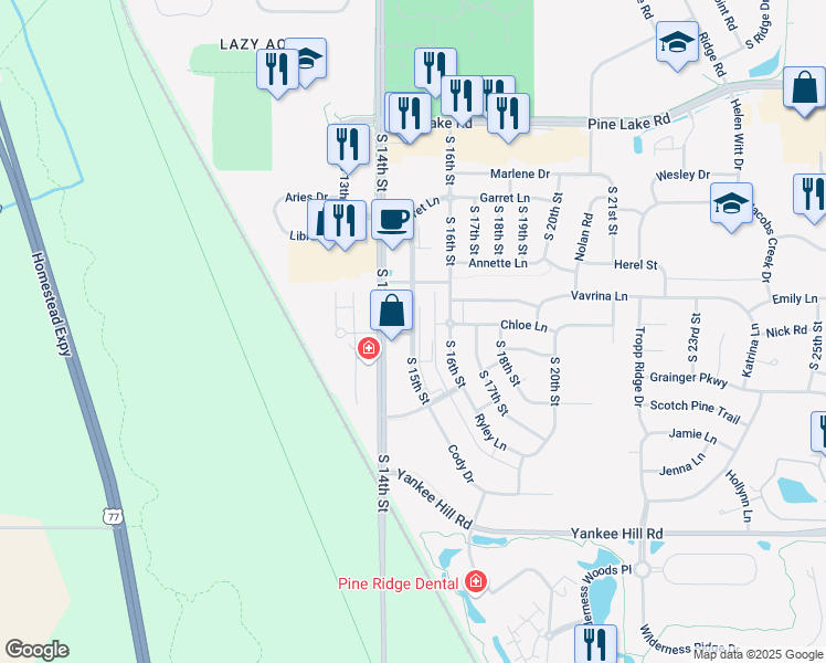 map of restaurants, bars, coffee shops, grocery stores, and more near 7801 South 15th Street in Lincoln