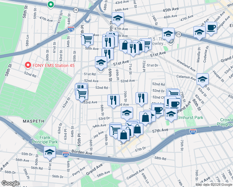 map of restaurants, bars, coffee shops, grocery stores, and more near 52-37 69th Place in Queens