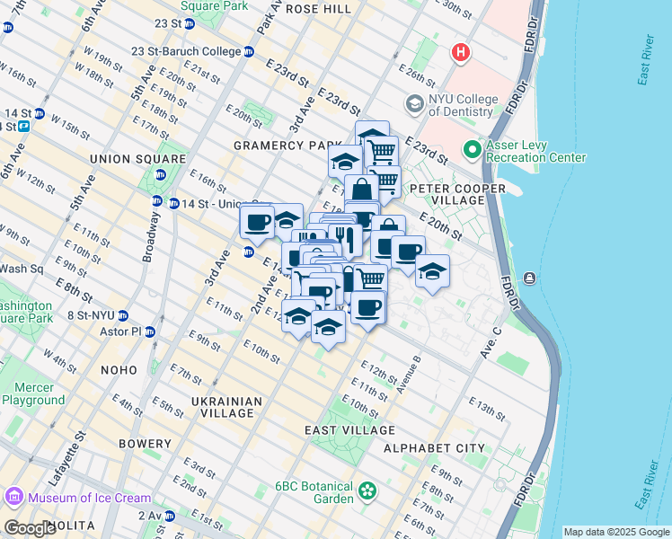 map of restaurants, bars, coffee shops, grocery stores, and more near 355 East 15th Street in New York