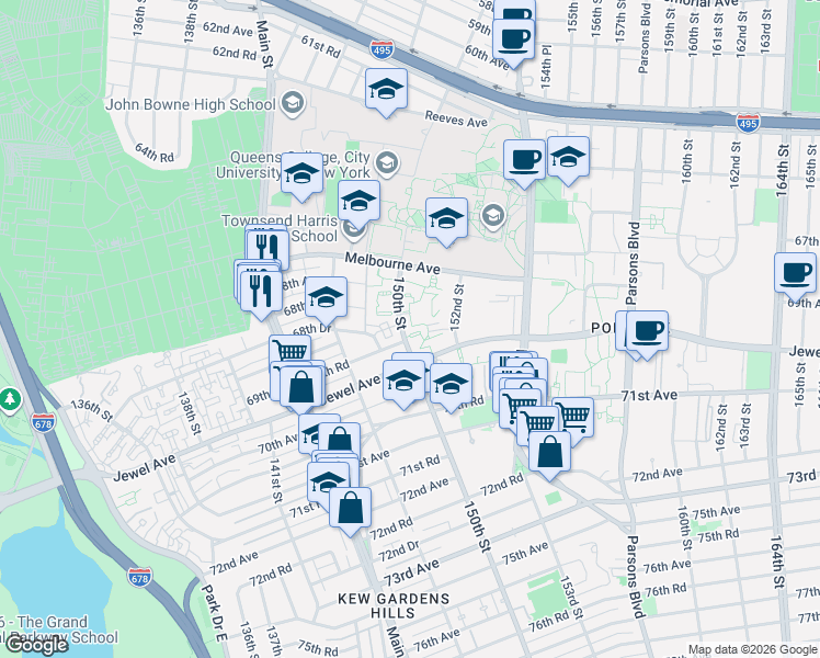 map of restaurants, bars, coffee shops, grocery stores, and more near 68-7 150th Street in Queens