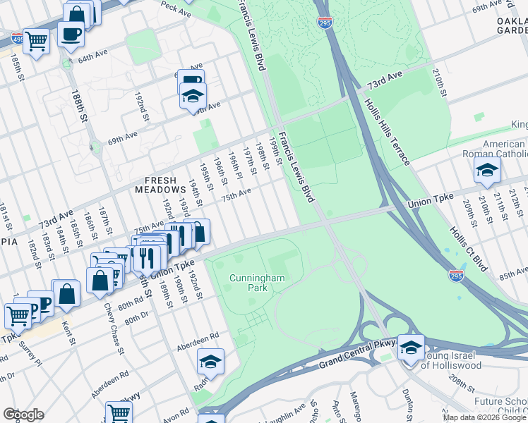 map of restaurants, bars, coffee shops, grocery stores, and more near 75-27 196th Place in Queens