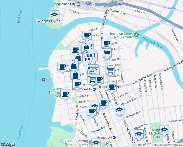 map of restaurants, bars, coffee shops, grocery stores, and more near 133 India Street in Brooklyn