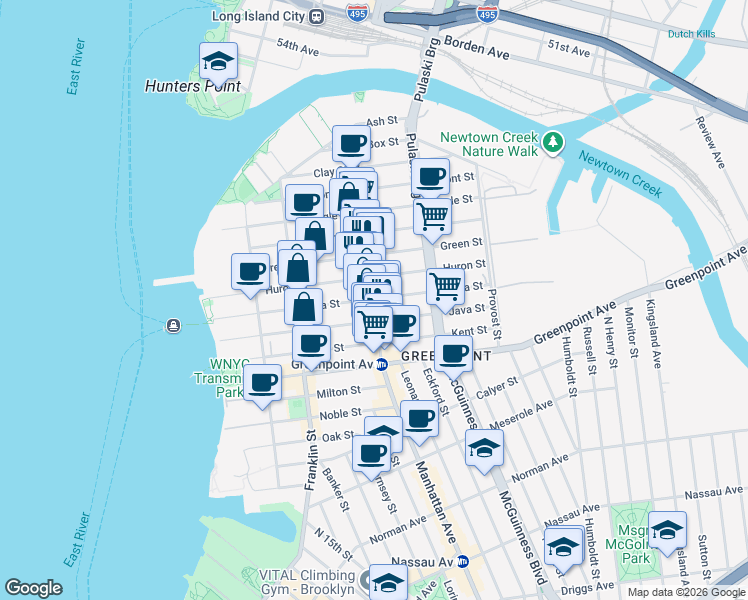 map of restaurants, bars, coffee shops, grocery stores, and more near Manhattan Ave & India St in Brooklyn