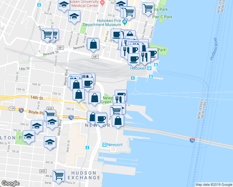 map of restaurants, bars, coffee shops, grocery stores, and more near 75 River Drive in Jersey City