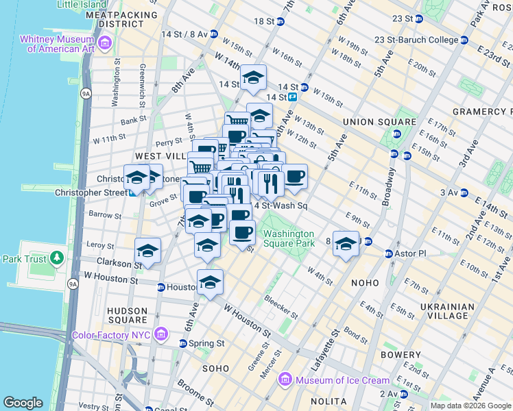 map of restaurants, bars, coffee shops, grocery stores, and more near 112 Waverly Place in New York