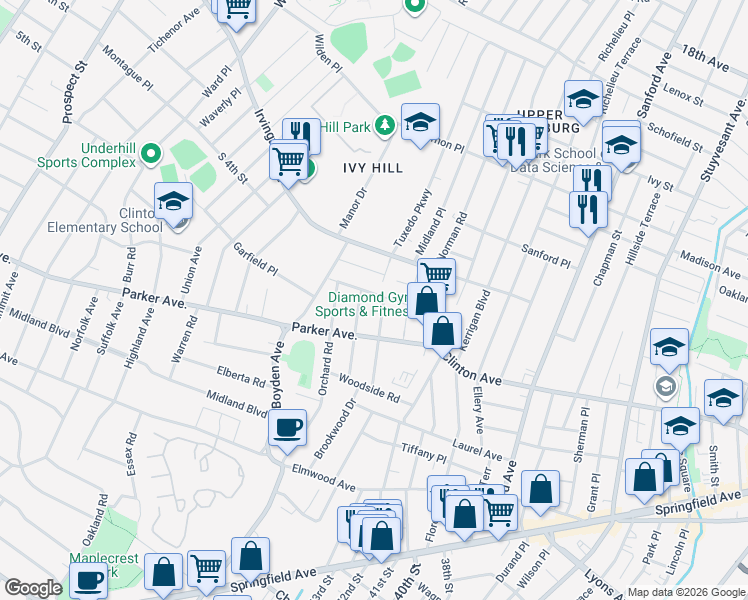 map of restaurants, bars, coffee shops, grocery stores, and more near 48 Hillcrest Road in Maplewood