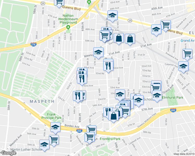 map of restaurants, bars, coffee shops, grocery stores, and more near 66-43 52nd Drive in Queens