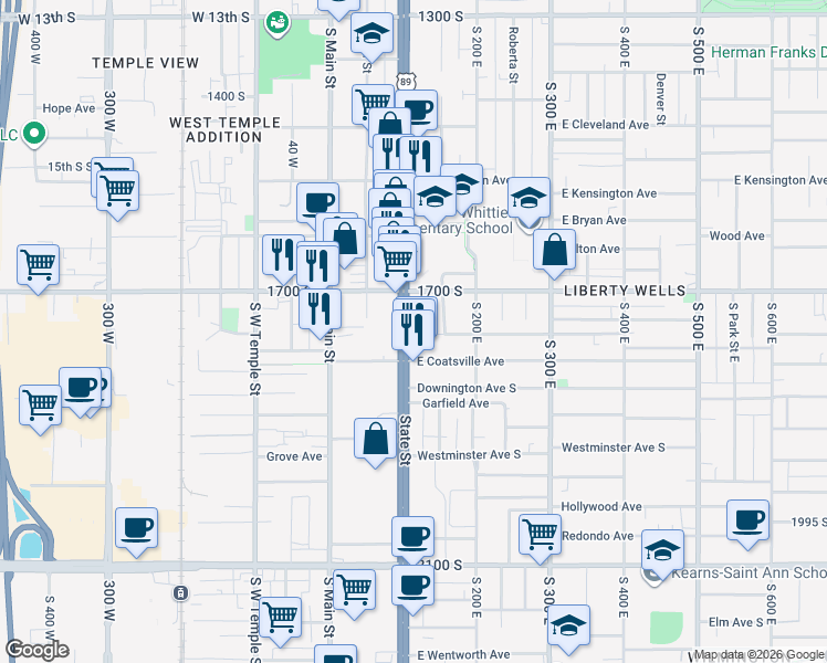 map of restaurants, bars, coffee shops, grocery stores, and more near 1749 State Street in Salt Lake City