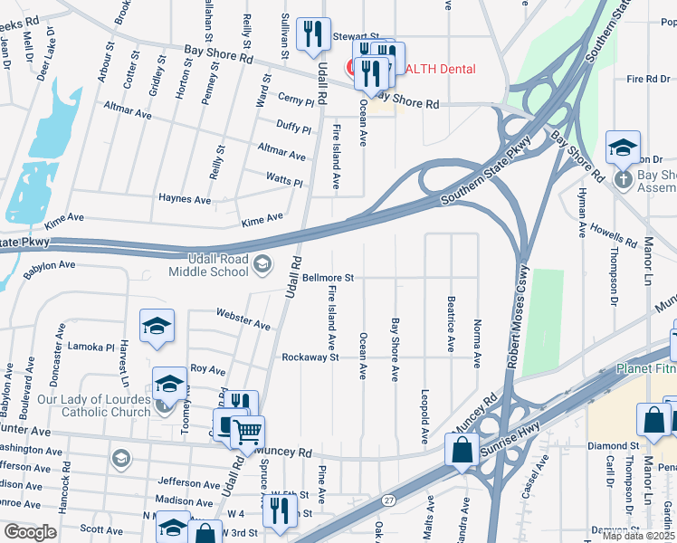 map of restaurants, bars, coffee shops, grocery stores, and more near 533 Bellmore Street in West Islip