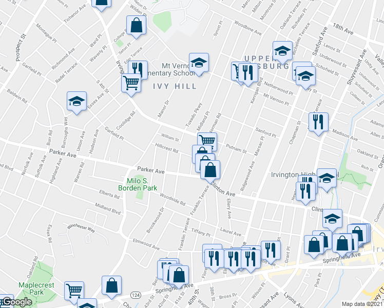 map of restaurants, bars, coffee shops, grocery stores, and more near 77 Hillcrest Road in Maplewood