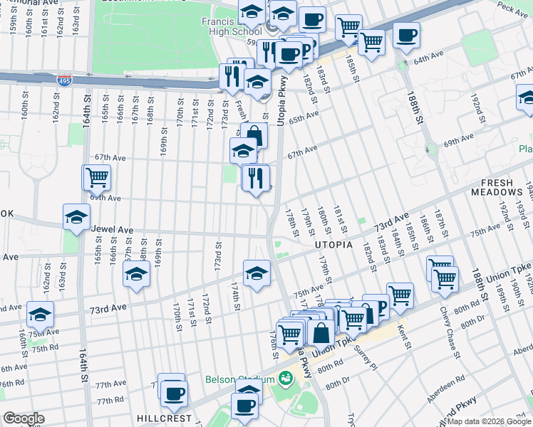 map of restaurants, bars, coffee shops, grocery stores, and more near 176-06 69th Avenue in Queens