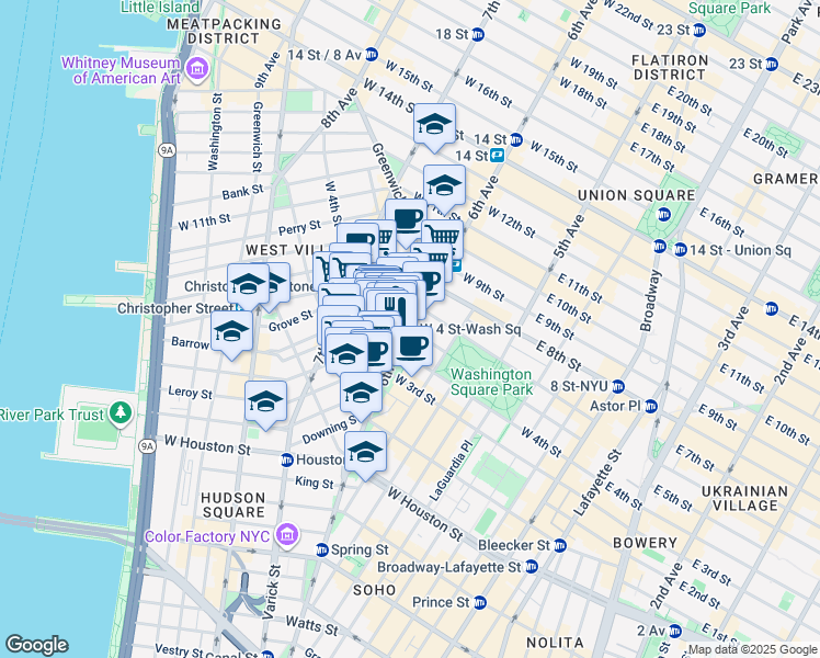 map of restaurants, bars, coffee shops, grocery stores, and more near 340 6th Avenue in New York