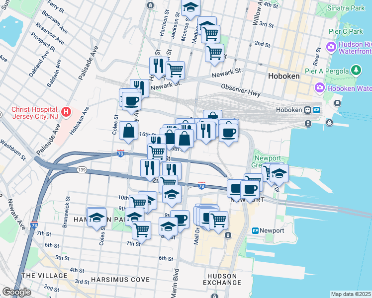 map of restaurants, bars, coffee shops, grocery stores, and more near in Jersey City