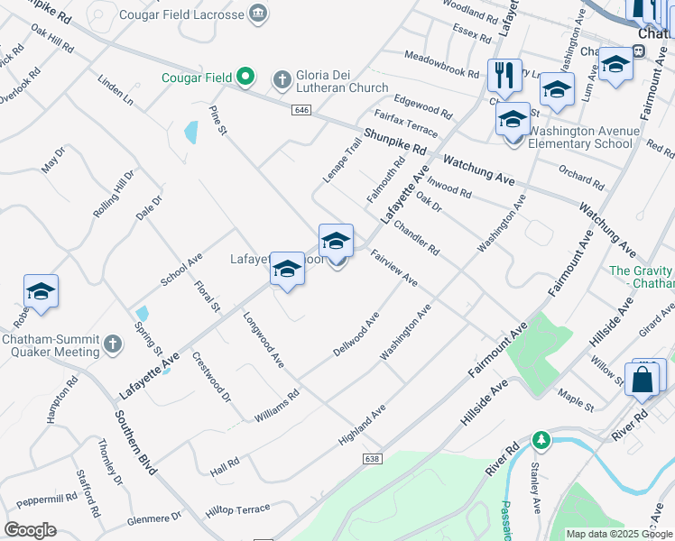 map of restaurants, bars, coffee shops, grocery stores, and more near 221 Lafayette Avenue in Chatham Township