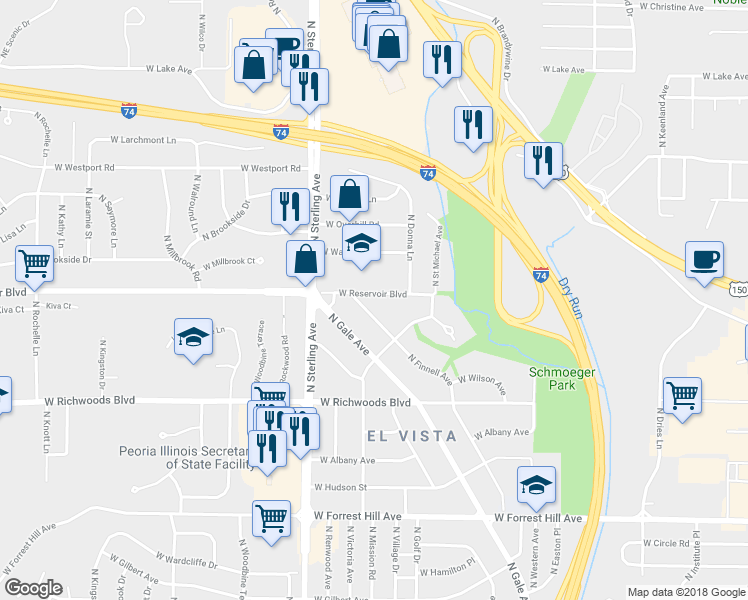 map of restaurants, bars, coffee shops, grocery stores, and more near 2316 West Reservoir Boulevard in Peoria
