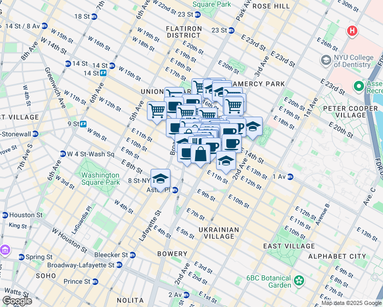 map of restaurants, bars, coffee shops, grocery stores, and more near 126-128 East 13th Street in New York