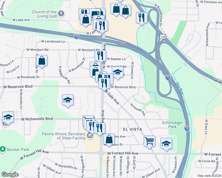 map of restaurants, bars, coffee shops, grocery stores, and more near 3634 North Gale Avenue in Peoria