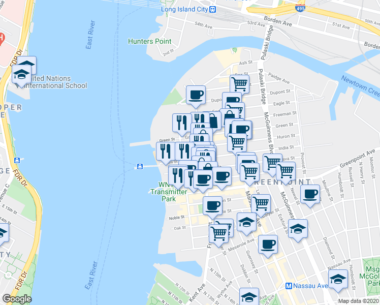 map of restaurants, bars, coffee shops, grocery stores, and more near 66 Huron Street in Brooklyn