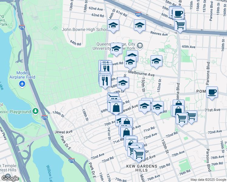 map of restaurants, bars, coffee shops, grocery stores, and more near 144-11 68th Drive in Queens