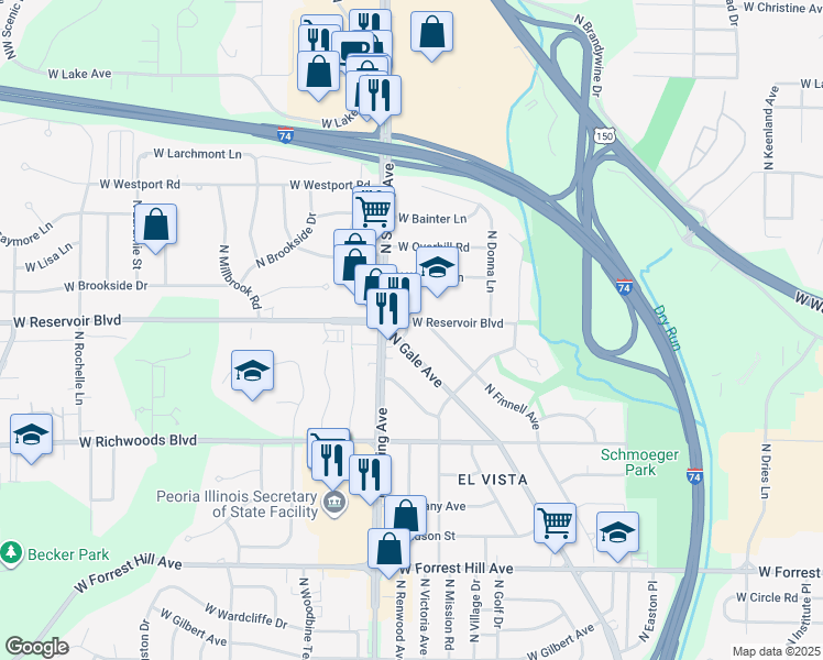 map of restaurants, bars, coffee shops, grocery stores, and more near 2408 West Reservoir Boulevard in Peoria