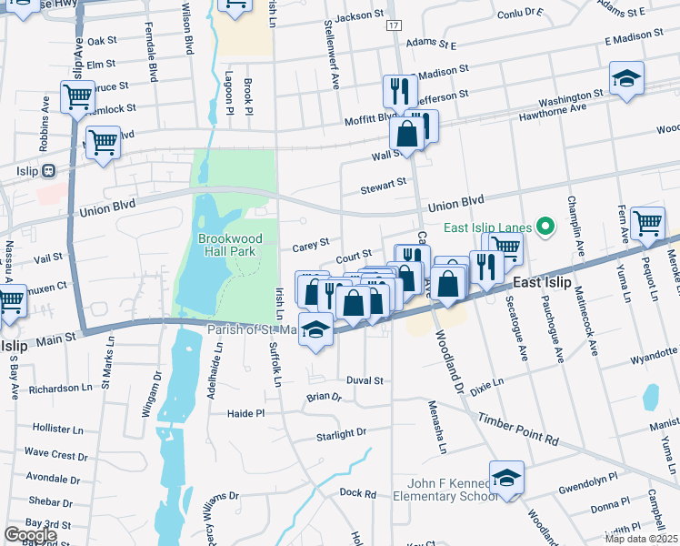 map of restaurants, bars, coffee shops, grocery stores, and more near 24 3rd Avenue in East Islip