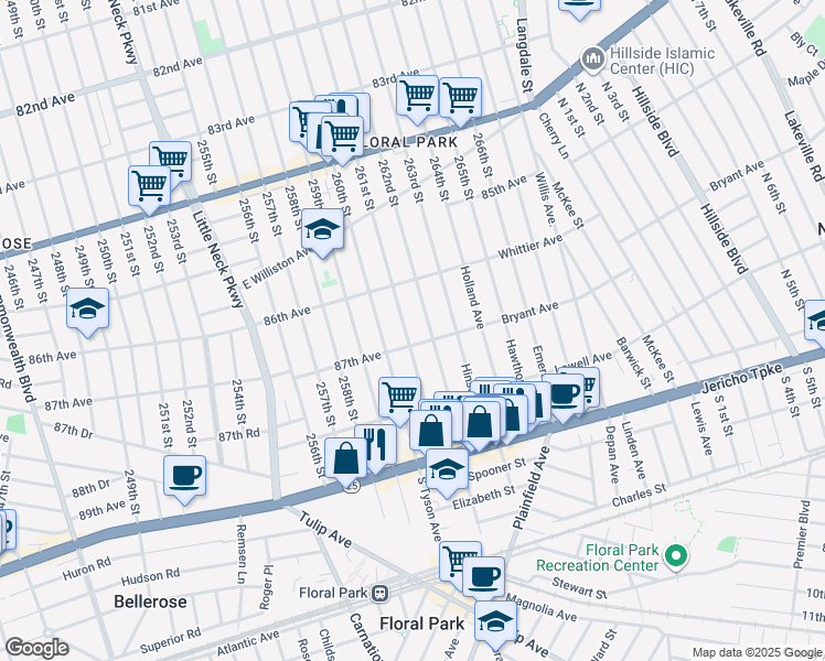 map of restaurants, bars, coffee shops, grocery stores, and more near 86-47 261st Street in Queens