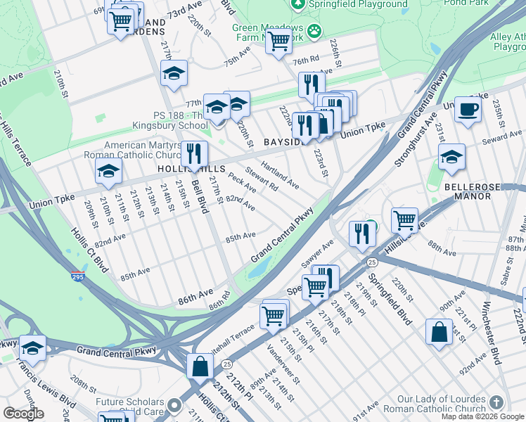 map of restaurants, bars, coffee shops, grocery stores, and more near 219-20 Peck Avenue in Queens