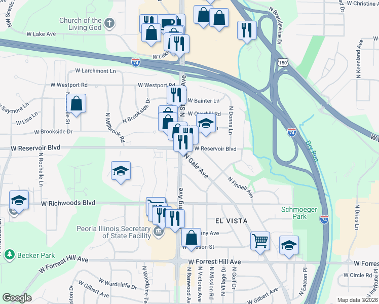 map of restaurants, bars, coffee shops, grocery stores, and more near 3634 North Gale Avenue in Peoria