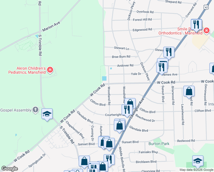 map of restaurants, bars, coffee shops, grocery stores, and more near 968 Woodland Road in Mansfield