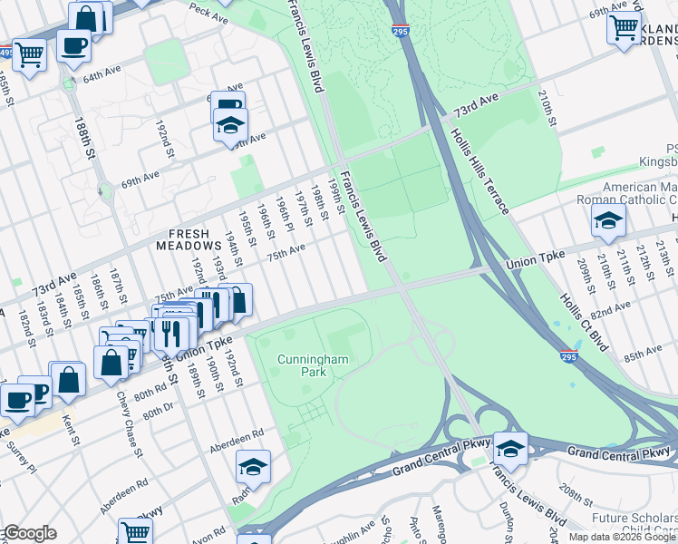 map of restaurants, bars, coffee shops, grocery stores, and more near 75-38 198th Street in Queens