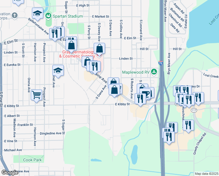 map of restaurants, bars, coffee shops, grocery stores, and more near 1212 Bellefontaine Avenue in Lima