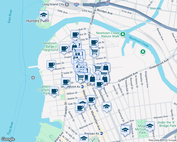 map of restaurants, bars, coffee shops, grocery stores, and more near 171 India Street in Brooklyn