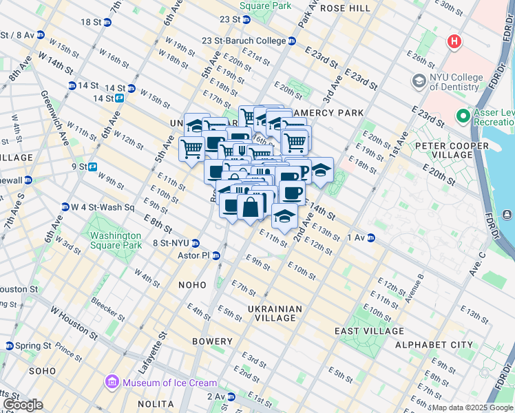 map of restaurants, bars, coffee shops, grocery stores, and more near 131 East 12th Street in New York