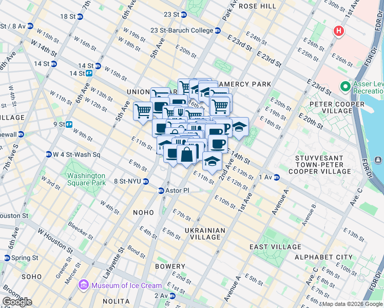 map of restaurants, bars, coffee shops, grocery stores, and more near 131 East 12th Street in New York
