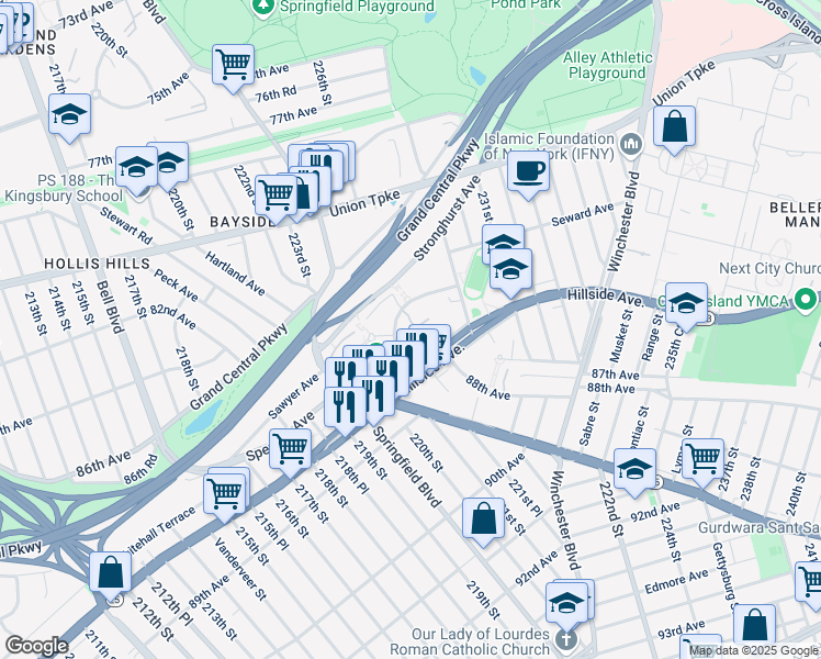 map of restaurants, bars, coffee shops, grocery stores, and more near 221-36 Manor Road in Queens