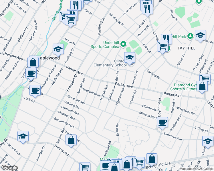 map of restaurants, bars, coffee shops, grocery stores, and more near 98 Parker Avenue in Maplewood