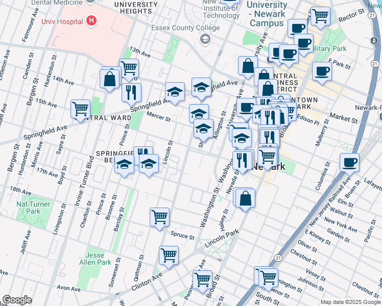 map of restaurants, bars, coffee shops, grocery stores, and more near 600 Doctor Martin Luther King Junior Boulevard in Newark