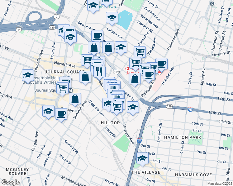 map of restaurants, bars, coffee shops, grocery stores, and more near 90 Court House Place in Jersey City