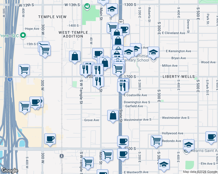 map of restaurants, bars, coffee shops, grocery stores, and more near 1739 South Main Street in Salt Lake City