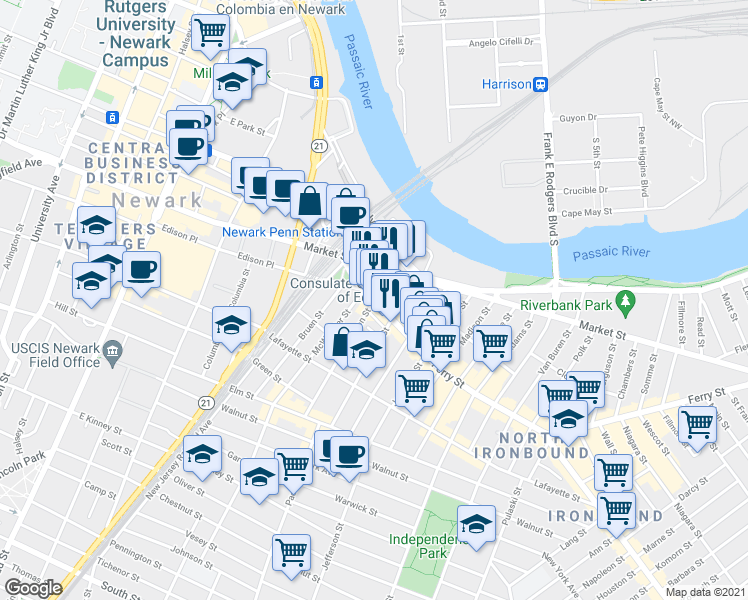map of restaurants, bars, coffee shops, grocery stores, and more near Ferry St & Union St in Newark
