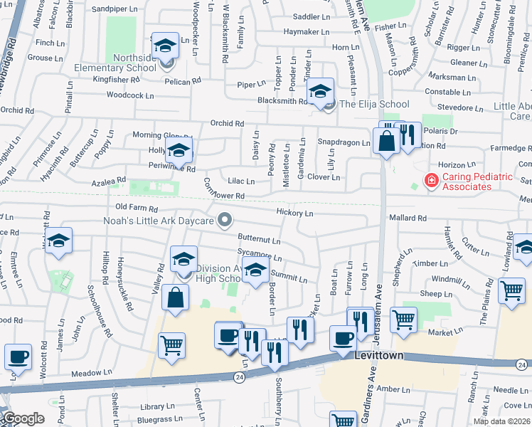 map of restaurants, bars, coffee shops, grocery stores, and more near 44 Hickory Lane in Levittown