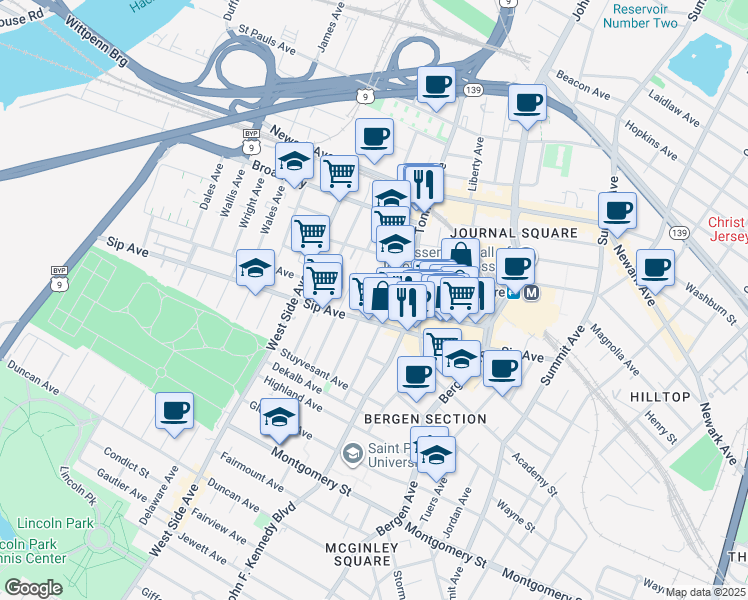 map of restaurants, bars, coffee shops, grocery stores, and more near 76 Romaine Avenue in Jersey City