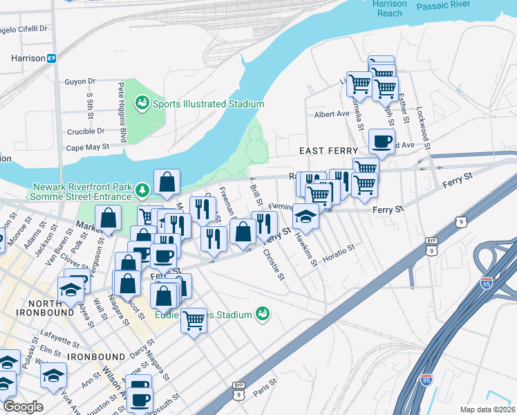 map of restaurants, bars, coffee shops, grocery stores, and more near 98 Fleming Avenue in Newark
